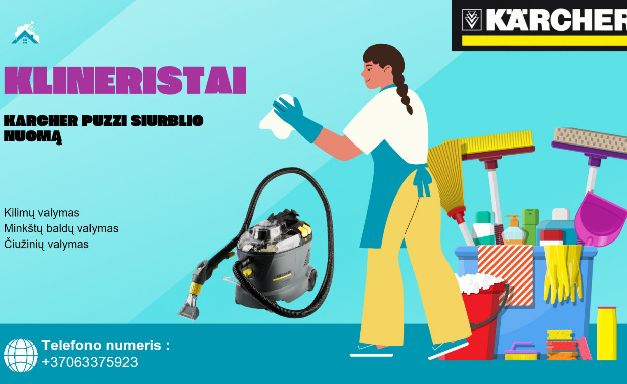 Carpet cleaners for rent, Karcher Puzzi 8 plaunantis siurblys rent, Trušeliai